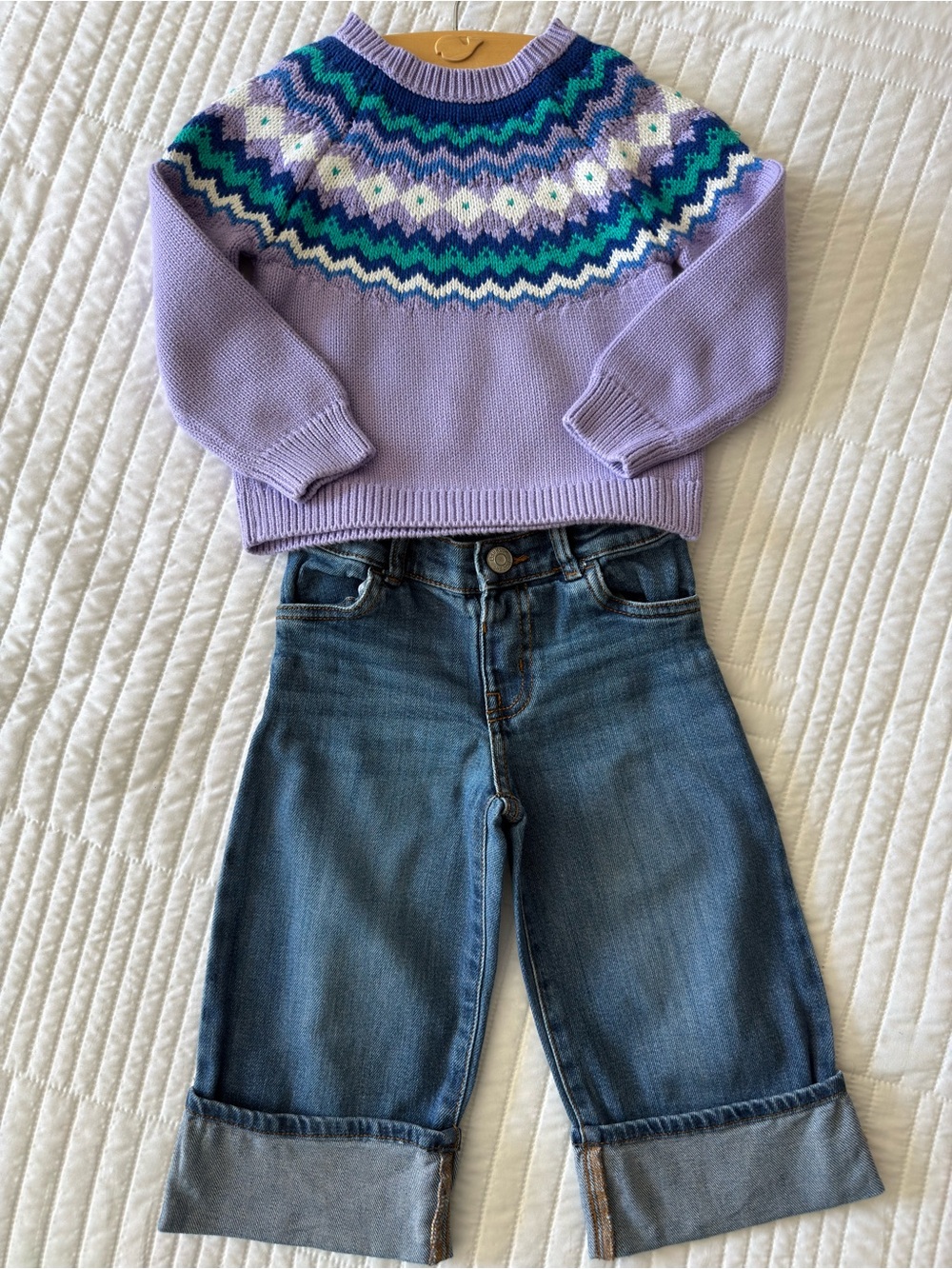 Primary Lavender Fair Isle Knit Sweater | Oshkosh Wide Leg Cuff Jeans đź’ś - Picture 5 of 13